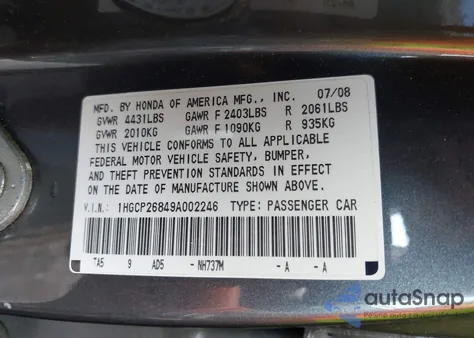 2009 Honda Accord 2.4 Ex-L z USA, uszkodzony, nr VIN 1HGCP26849A002246
